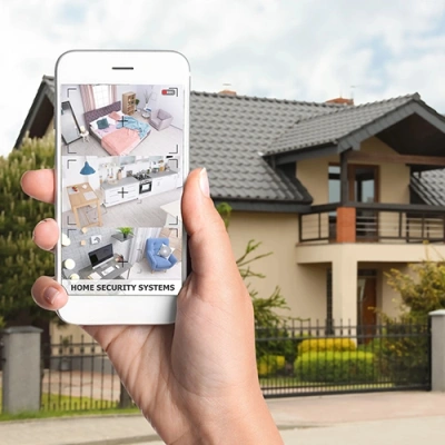 Dothan vivint phone display of cctv live feed in front of a house